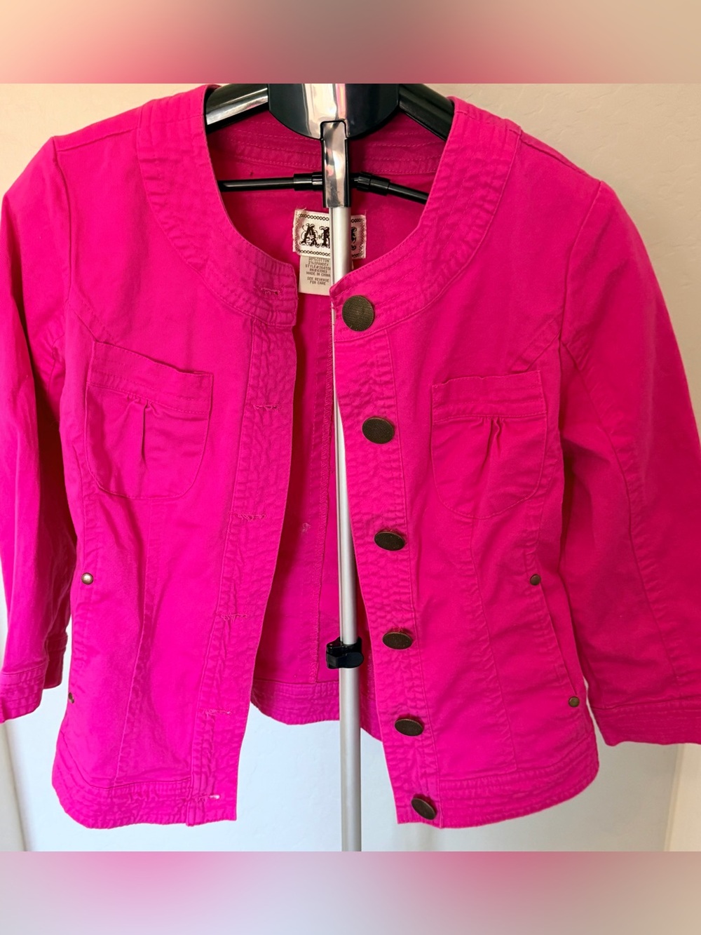 Women's Hot Pink Collarless Jean Jacket with Button Front